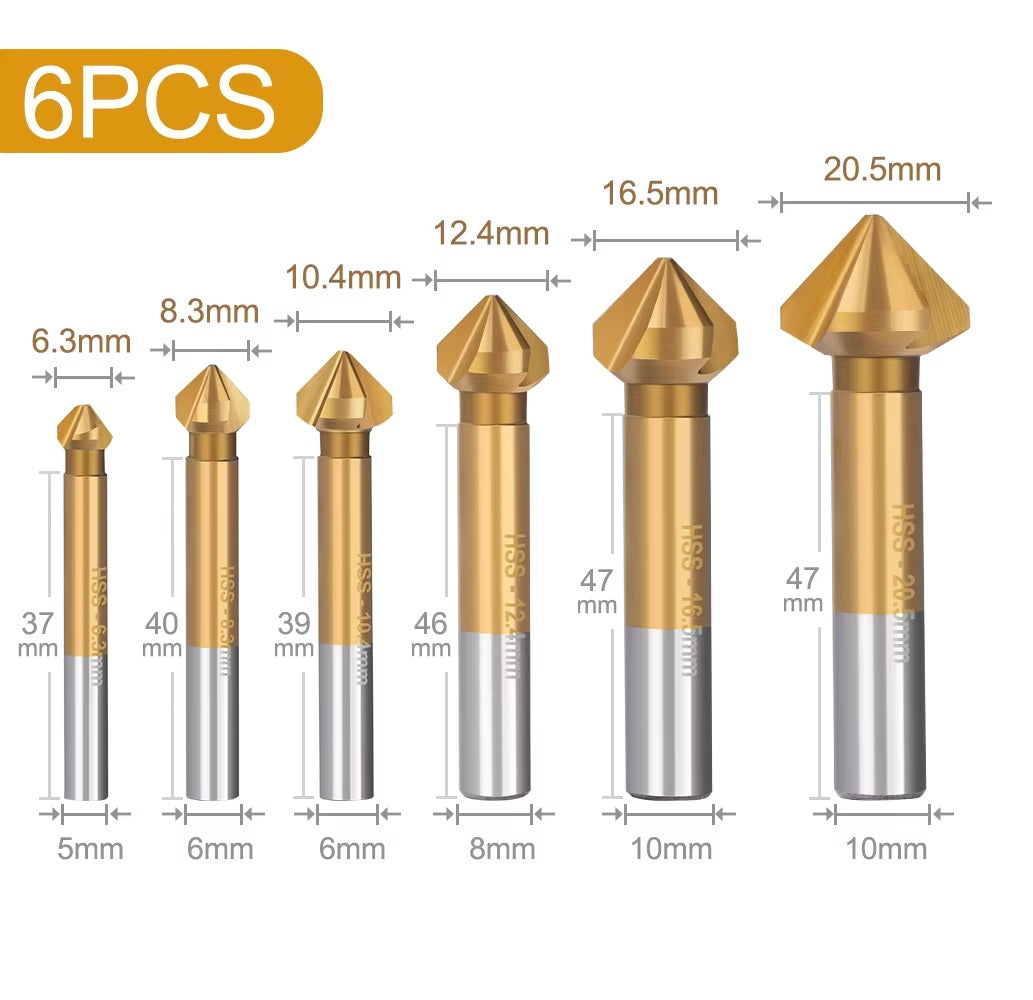 Chamfering 3 Flute Metal HSS Countersink Deburring Tapered Drill Bit Set - 6pcs