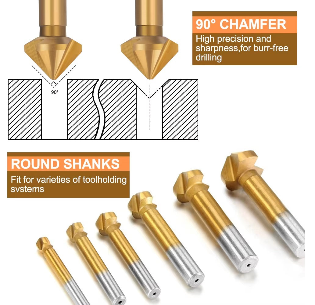 Chamfering 3 Flute Metal HSS Countersink Deburring Tapered Drill Bit Set - 6pcs